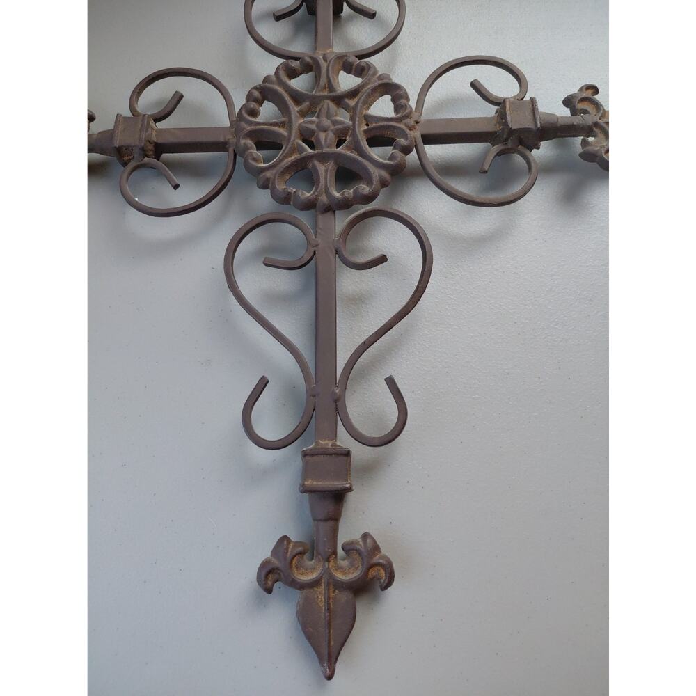 Vtg Large Heavy Cross Fleur de Lis Decorative Cast Wrought Iron Garden Home Goth - Picture 7 of 12